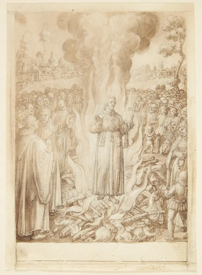 S Giovanni Alberti Fiorentinos historie Abbed Petrus beviser ved ildprøven, at bispen af Firenze er kætter og simonist av Jan van der Straet (Stradanus)