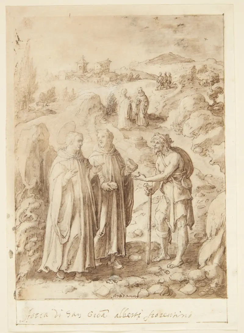 S Giovanni Alberti Fiorentinos historie Helgenen og den ledsagende munk giver en tigger deres sidste brød av Jan van der Straet (Stradanus)