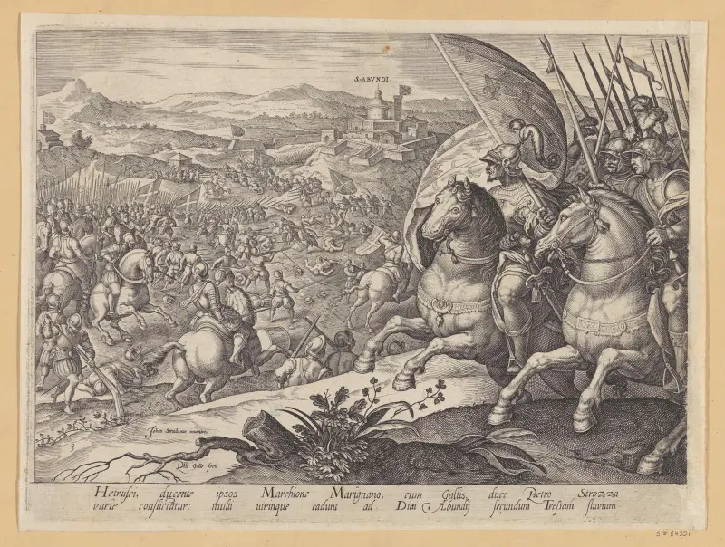 Slaget vid Labadia di Sena och St Abonda av Jan van der Straet (Stradanus)