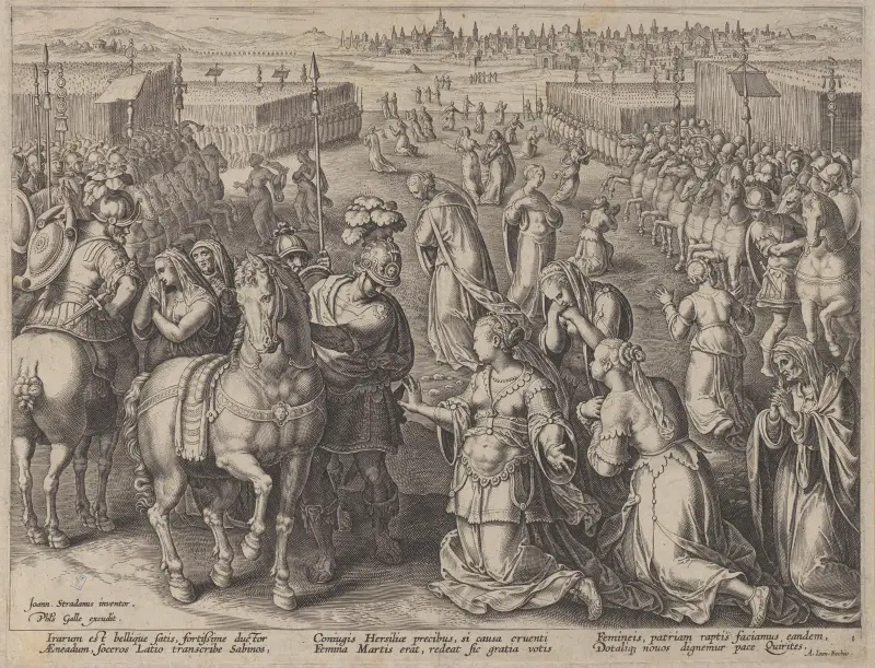 Sabinskornas mödrar stiftar fred av Jan van der Straet (Stradanus)