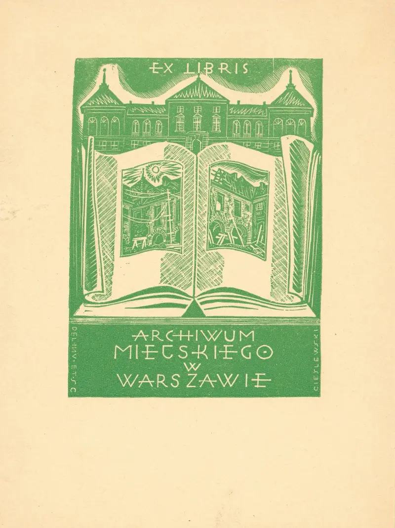 Ex libris för Warszaws stadsarkiv av Tadeusz Cieślewski