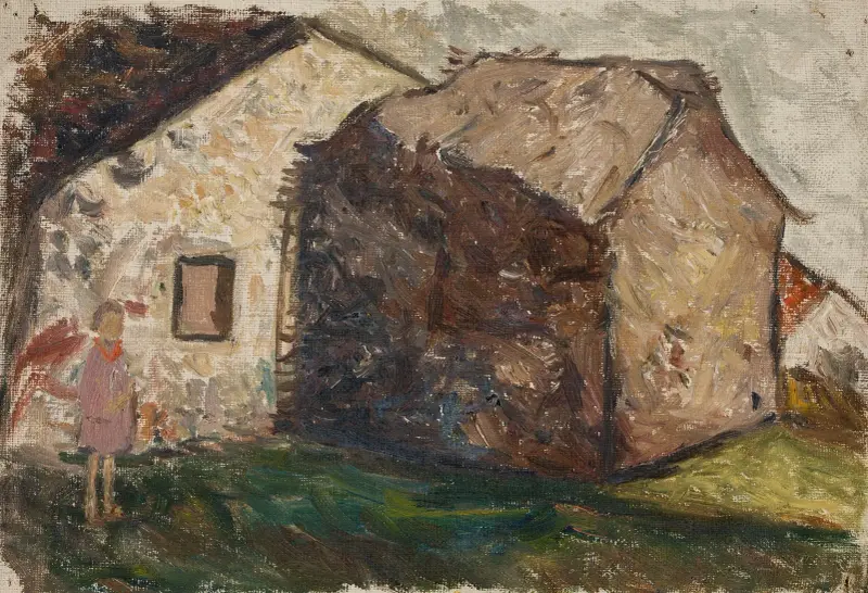 Little girl in front of a house av Tadeusz Makowski
