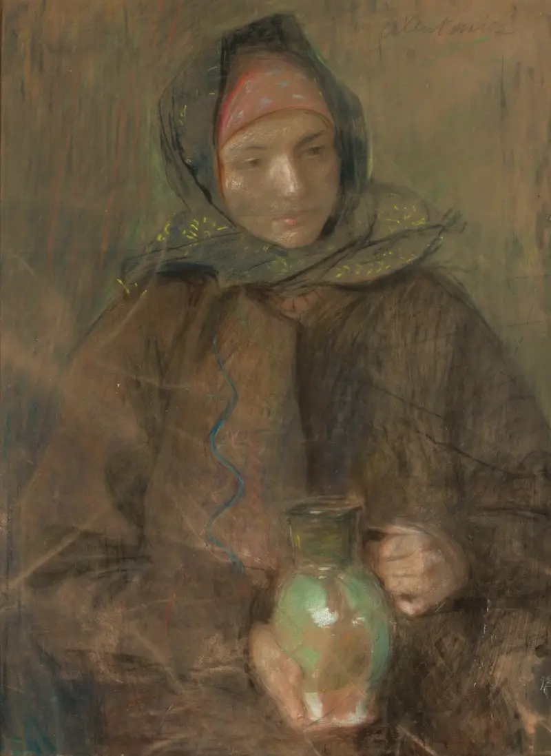Hutsul woman with a jar av Teodor Axentowicz