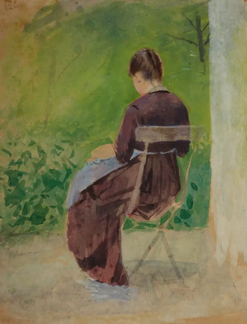 Study of a woman sitting in a garden av Teodor Axentowicz