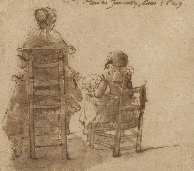 En dam och ett barn som knypplar spets av Gerard ter Borch