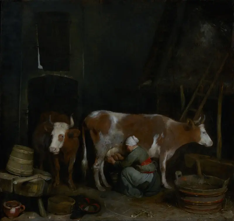 A Maid Milking a Cow in a Barn av Gerard ter Borch