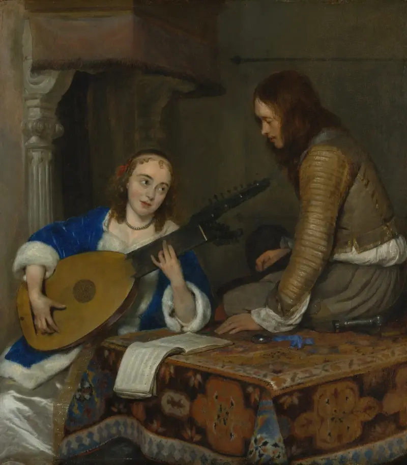 En kvinna som spelar teorb-luta och en kavaljer av Gerard ter Borch