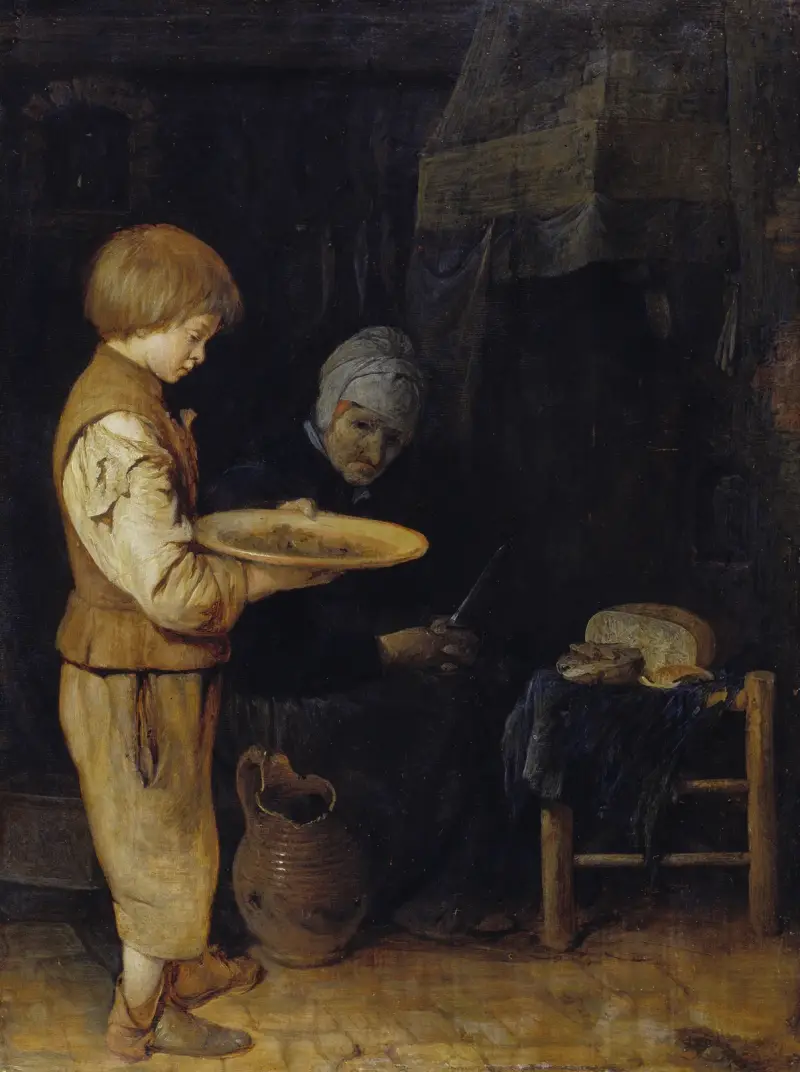 Gammal kvinna och pojke intar en enkel måltid av Gerard ter Borch