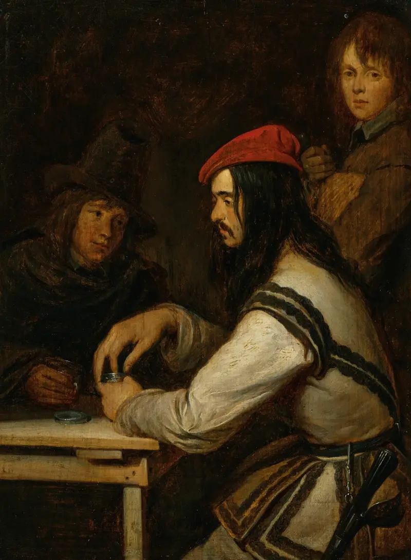 Tre män i en krog, en tar snus av Gerard ter Borch