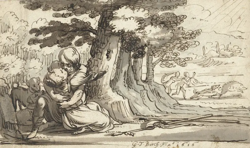 Venus en Adonis in een omhelzing verwikkeld av Gerard ter Borch
