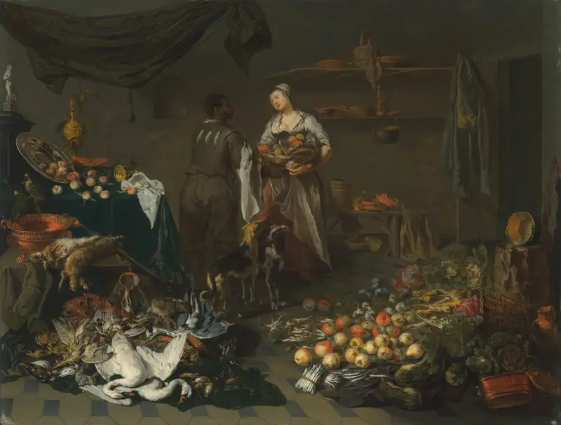 Eine Kücheninterieurszene mit einer Magd und einem Diener im Gespräch von Jan Van Kessel The Elder