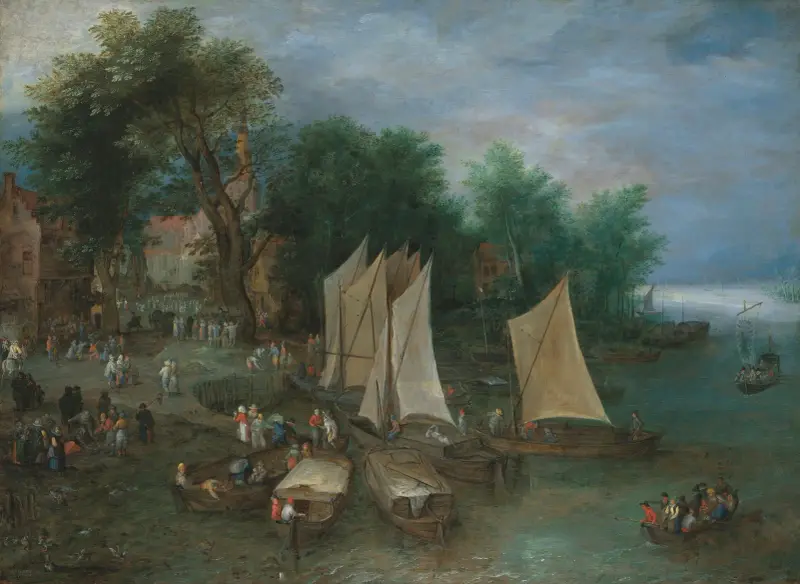 En landningsbrygga nära en by med fartyg och figurer av Jan Brueghel The Elder