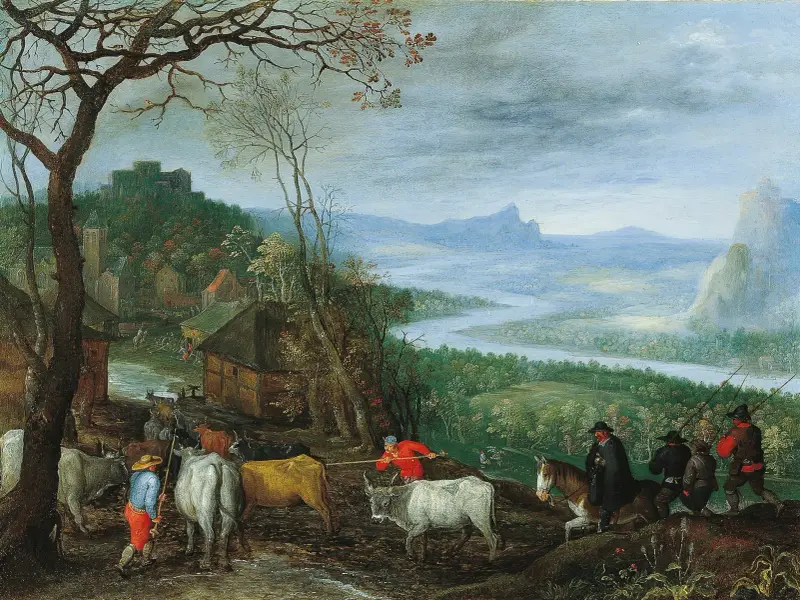Landskap med herdarv som driver boskap till en by av Jan Brueghel The Elder