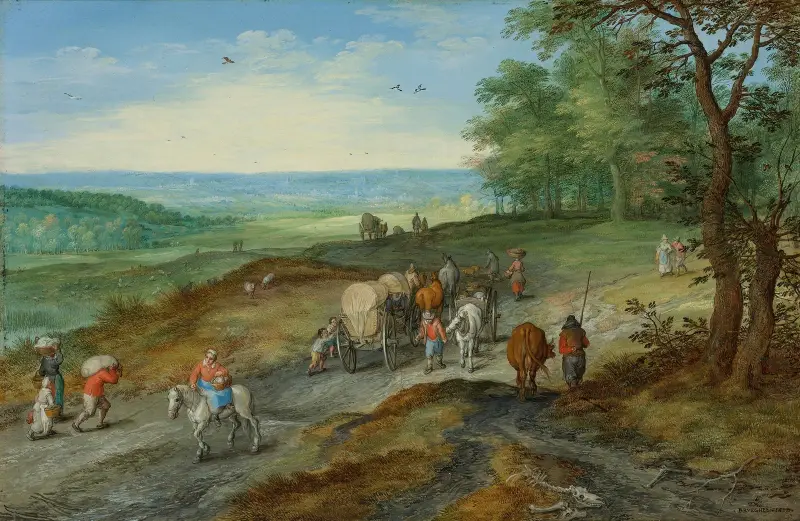 Panoramalandskap med täckt vagn och resenärer på en landsväg av Jan Brueghel The Elder