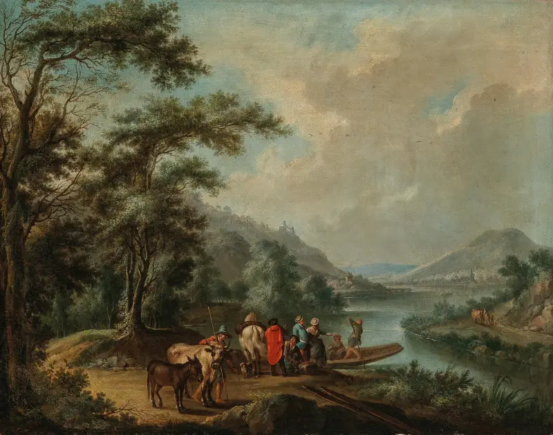 Rhenlandskap med färja, nära Bonn med Rolandsbogen, Drachenfels och ön Nonnenwerth bortom av Christian Georg Schütz the elder
