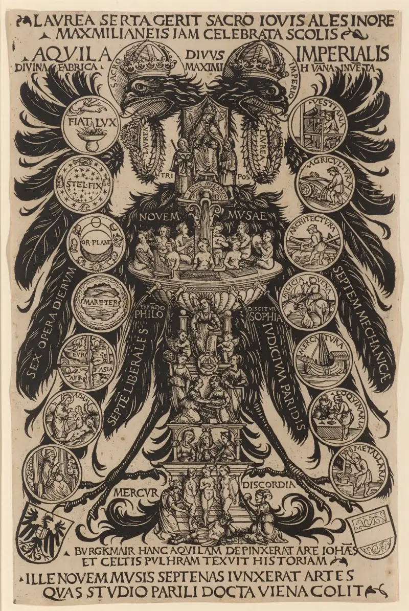 Allegorischer Reichsadler des Konrad Celtis mit den Künsten, dem Musenbrunnen und dem Urteil des Paris av Hans Burgkmair The Elder