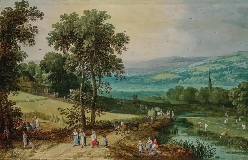 Weitläufige Waldlandschaft mit Wanderern auf einem Pfad und der Getreideernte im Vordergrund von Jan Brueghel The Elder