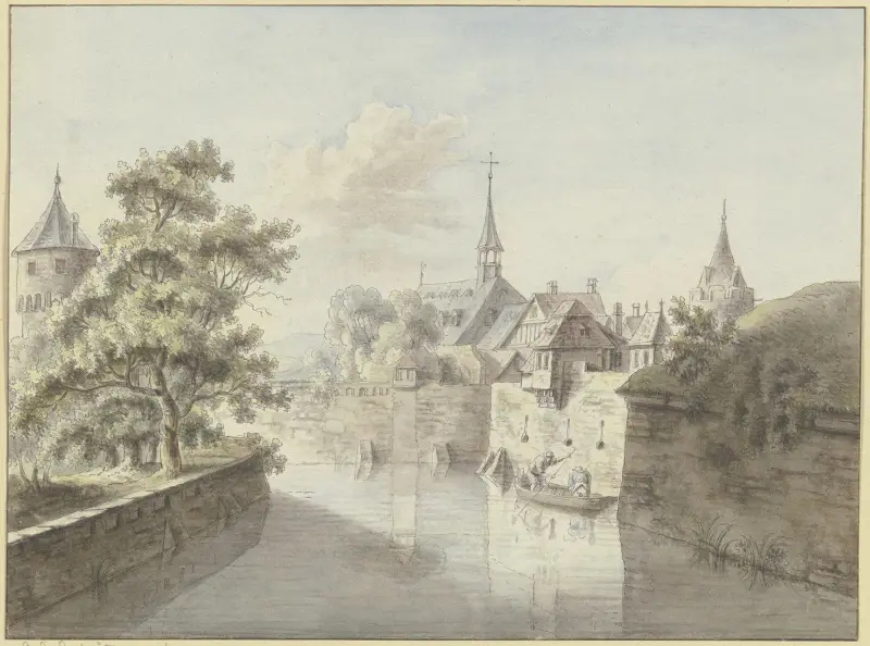 Widok dawnej fosy frankfurckiej przy Fischerfeld przed starym cmentarzem żydowskim, Christian Georg Schütz the elder