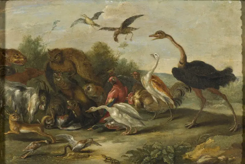 Kampf zwischen Eulen und Vierfüßlern von Jan Van Kessel The Elder