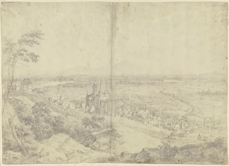 Blick auf Oppenheim am Rhein mit der Katharinenkirche, in der Ferne das Rheintal av Christian Georg Schütz the elder