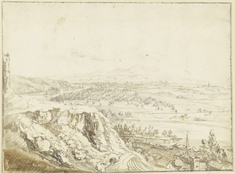 Blick von einer Anhöhe über ein Flusstal auf ferne Berge, im Vordergrund eine Ortschaft, Schleppkähne auf dem Fluss av Christian Georg Schütz the elder