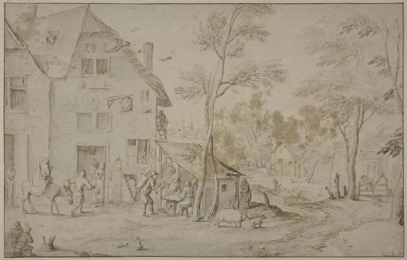 Dorfansicht mit der Heiligen Familie auf der Flucht nach Ägypten av Jan Brueghel The Elder