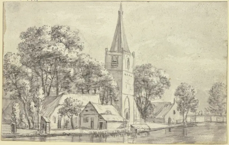 Dorfkirche unter Bäumen am Kanal av Jan Van Kessel The Elder