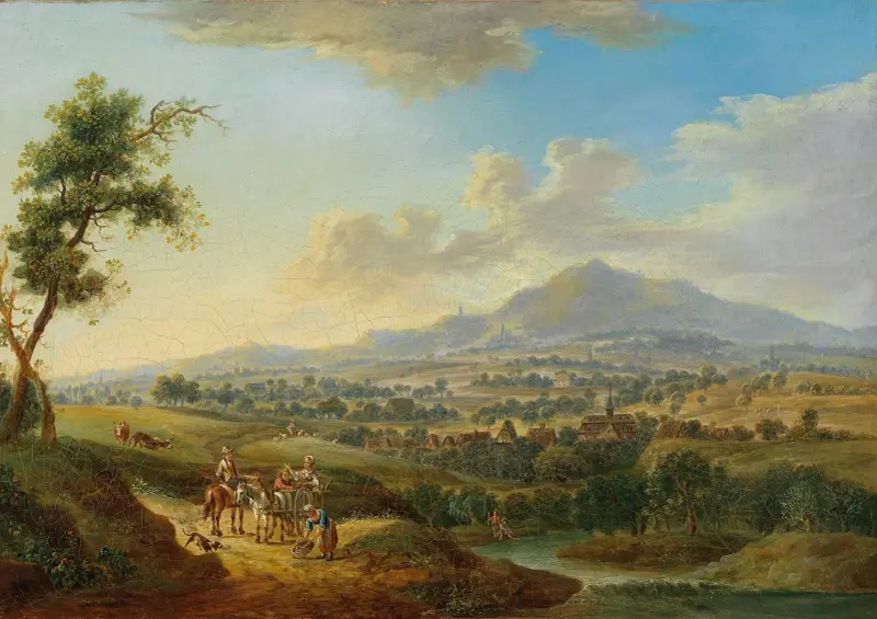 En kuperad flodlandskap med marknadsresenärer och fiskare av Christian Georg Schütz the elder