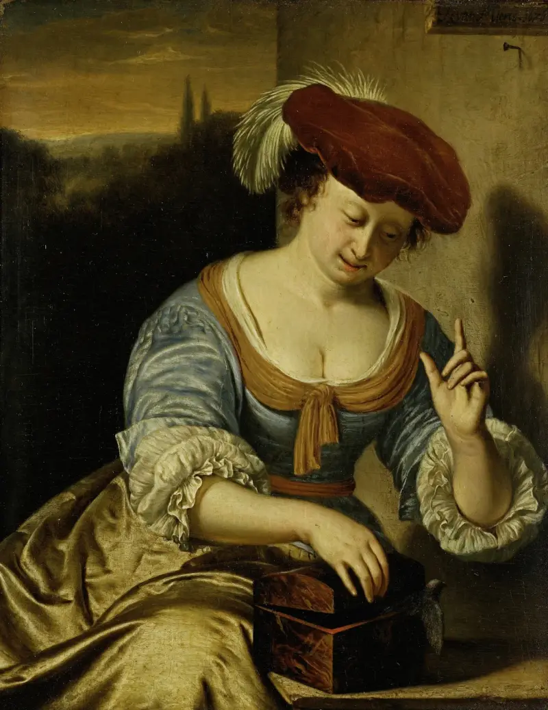 Escaped Bird; Allegory of Chastity av Frans van Mieris the Elder