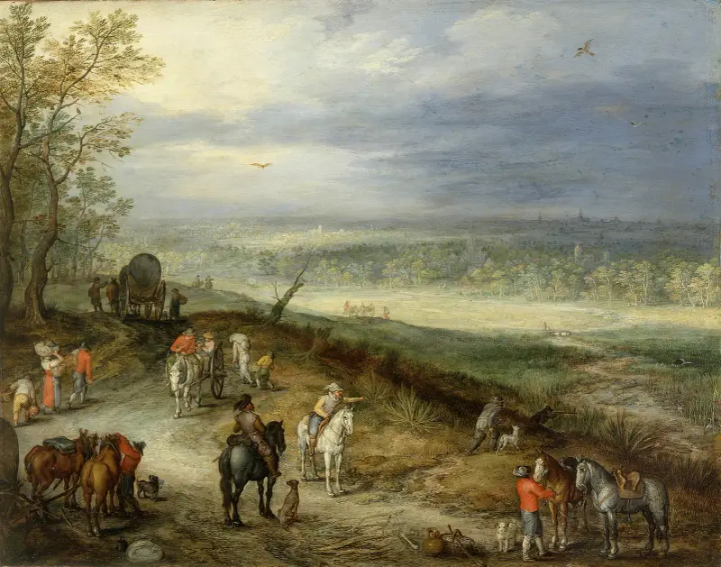 Vidsträckt landskap med resenärer på en landsväg av Jan Brueghel The Elder