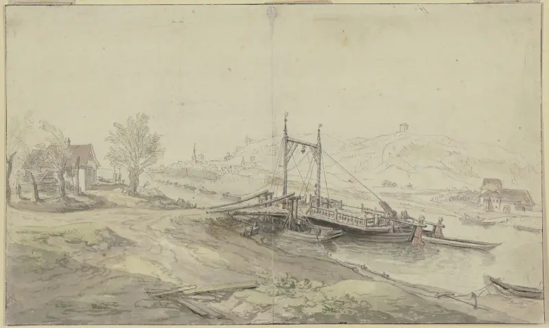 Flussfähre, zu beiden Seiten des Flusses Häuser av Christian Georg Schütz the elder