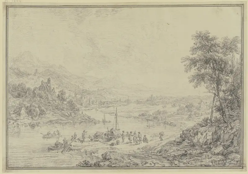 Flussgegend mit einem Städtchen im Tal, Burgen und Schlössern auf den Bergen, vorne am Ufer Schiffe und figürliche Staffage av Christian Georg Schütz the elder