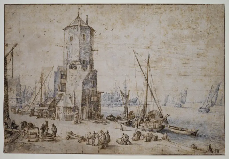 Hamnvy med åttkantigt torn och segelbåtar av Jan Brueghel The Elder