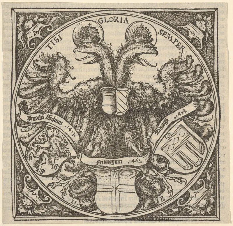 Kejserlig dubbelörn med vapensköldar för Ingolstadt, Freiburg och Tübingen, från Joan av Hans Burgkmair The Elder