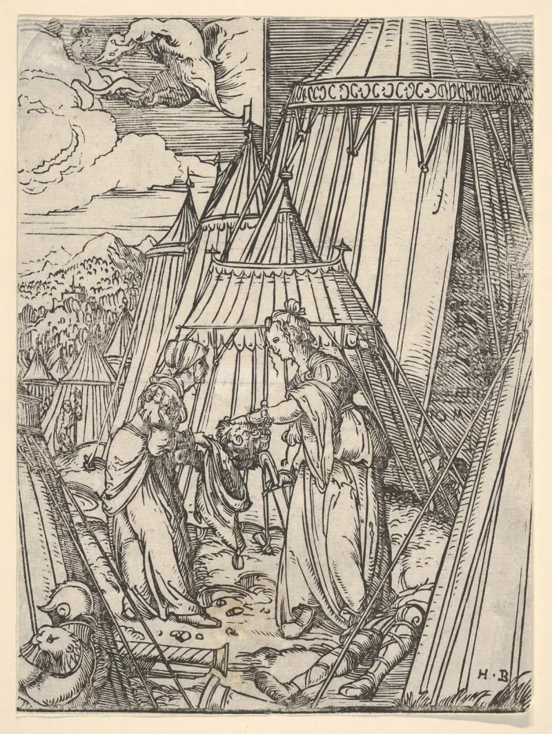 Judith och hennes tjänarinna lägger Holofernes huvud i en säck av Hans Burgkmair The Elder