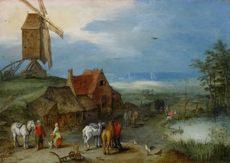 Landskap med väderkvarn, diverse figurer, hästar och djur nära en bondgård av Jan Brueghel The Elder