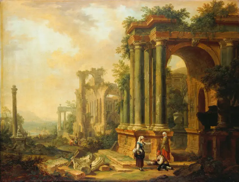Landskap med antika ruiner och en kolonn av Christian Georg Schütz the elder