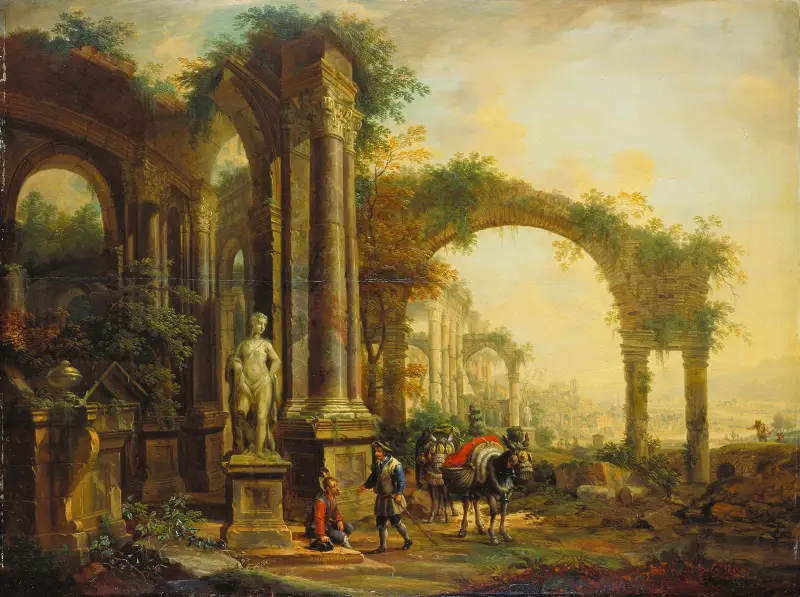 Landskap med antika ruiner och två packmulor av Christian Georg Schütz the elder