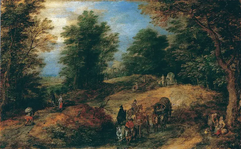 Landscape with Travelers on a Woodland Path av Jan Brueghel The Elder