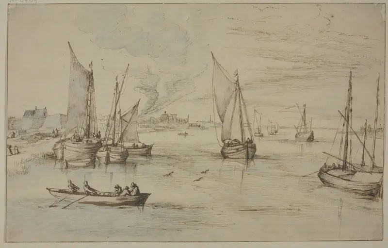 Marine mit vielen Schiffen, links ein Dorf, vorn ein Ruderboot av Jan Brueghel The Elder