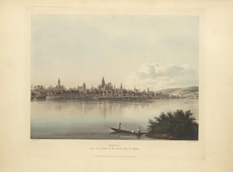 Mainz, från Mains utlopp i Rhen av Christian Georg Schütz the elder