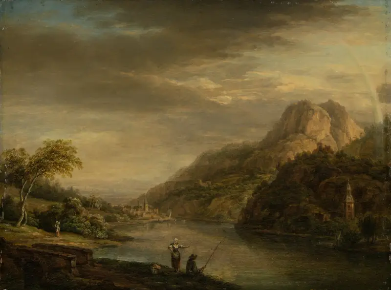 Horská říční krajina s duhou, Christian Georg Schütz the elder
