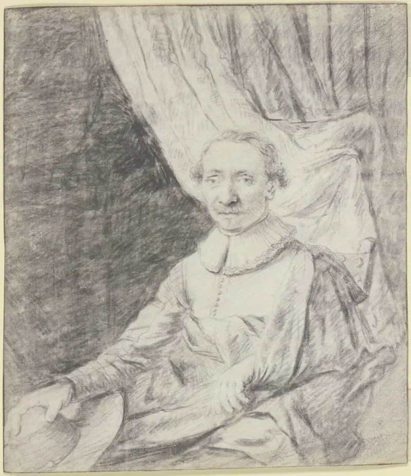 Porträt eines Mannes im Mantel, den Hut in der Hand, vor einem Vorhang sitzend av Frans van Mieris the Elder