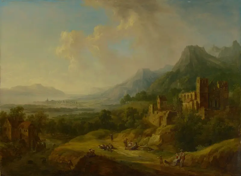 River Valley with Church Ruin and Staffage Figures av Christian Georg Schütz the elder
