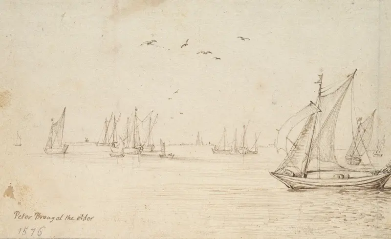 Segelbåtar, en stad i fjärran av Jan Brueghel The Elder