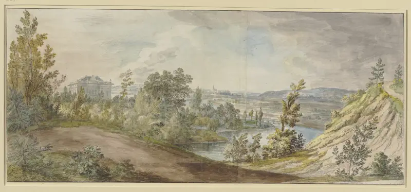 Slottet Schönbusch vid Aschaffenburg, flodlandskap med vy från en höjd, till vänster slottet av Christian Georg Schütz the elder