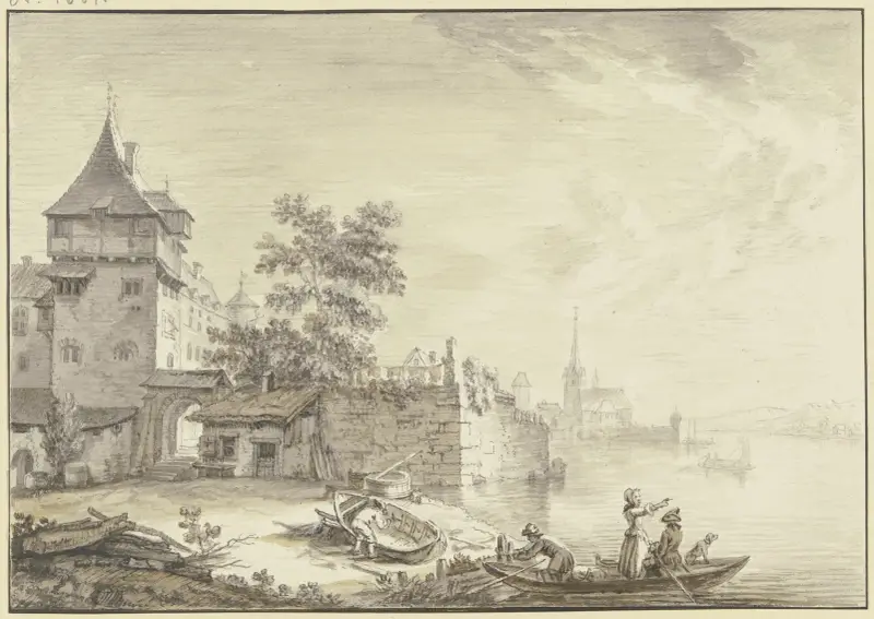 Stadttor bei einem Turm am Wasser (Oestrich), vorne ein Kahn mit drei Personen und einem Hund av Christian Georg Schütz the elder
