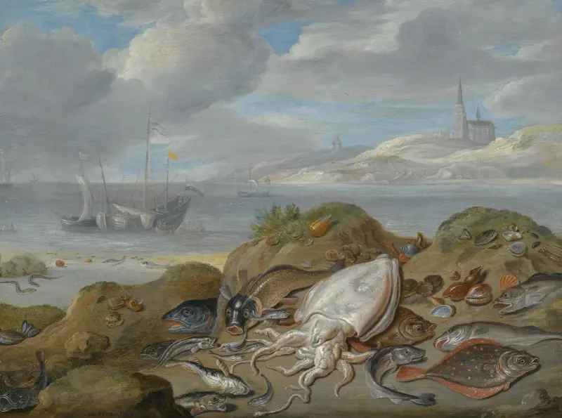 Still Life With Cuttle Fish, Plaice, Cod, Mussels And Other Fish On A Dune, A Church Across A River Estuary Beyond av Jan Van Kessel The Elder