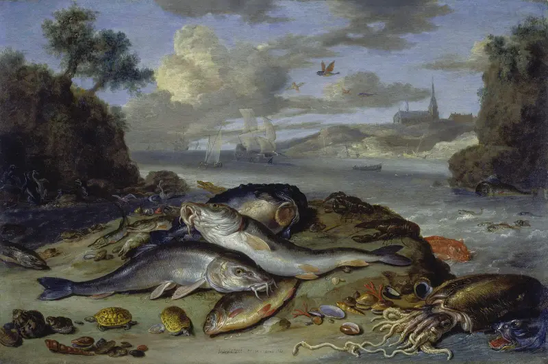 Still Life with Fish and Sea Animals in a Coastal Landscape av Jan Van Kessel The Elder