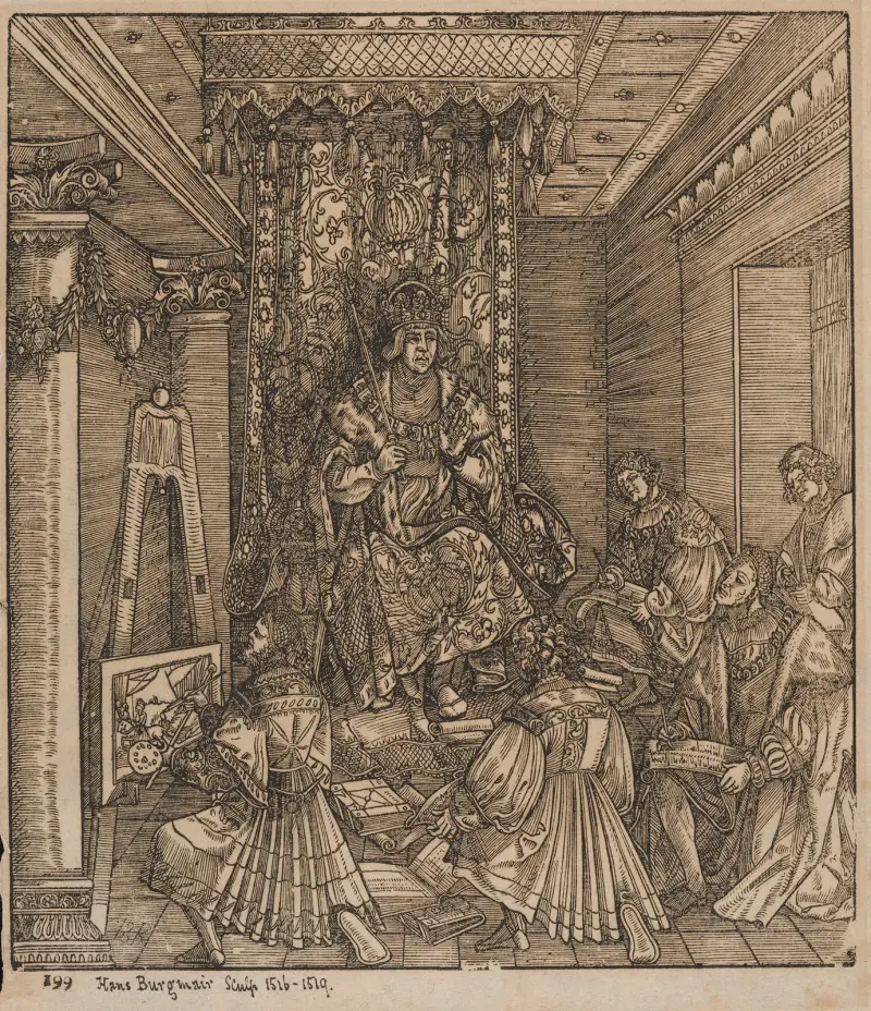 The Emperor Maximilian I on his throne av Hans Burgkmair The Elder